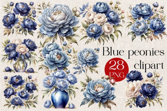 Download 28 Blue Peonies Watercolor Clipart - Peonies Collection